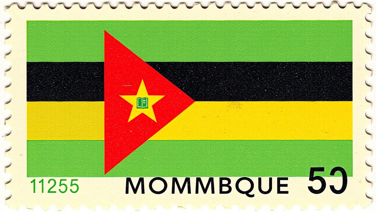 Flag of Mozambique 🇲🇿 in vintage postage stamp style