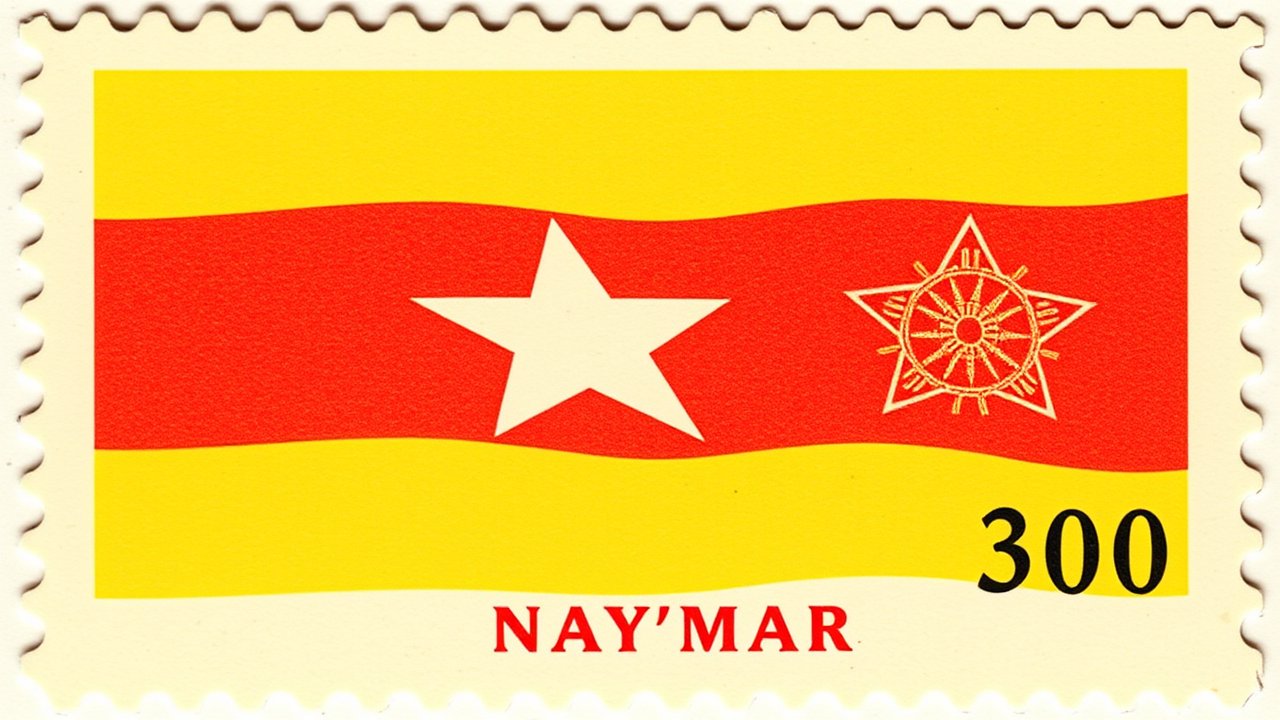 Flag of Myanmar (Burma) 🇲🇲 in vintage postage stamp style