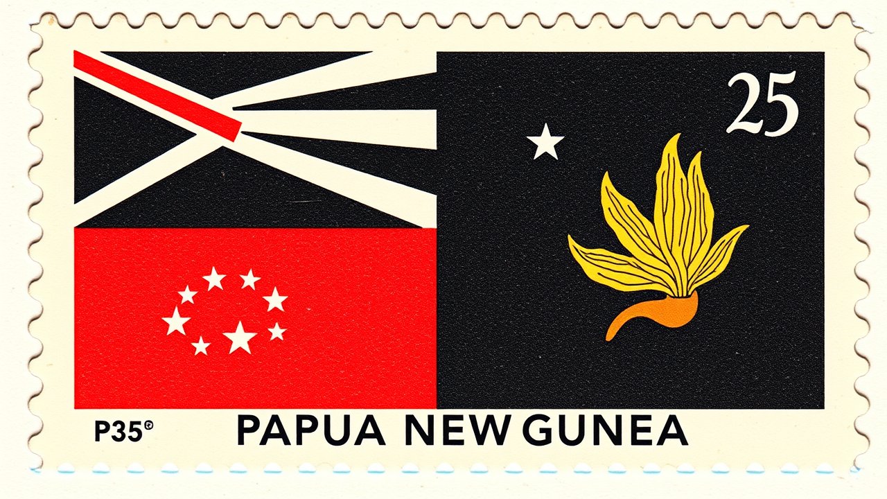 Flag of Papua New Guinea 🇵🇬 in vintage postage stamp style