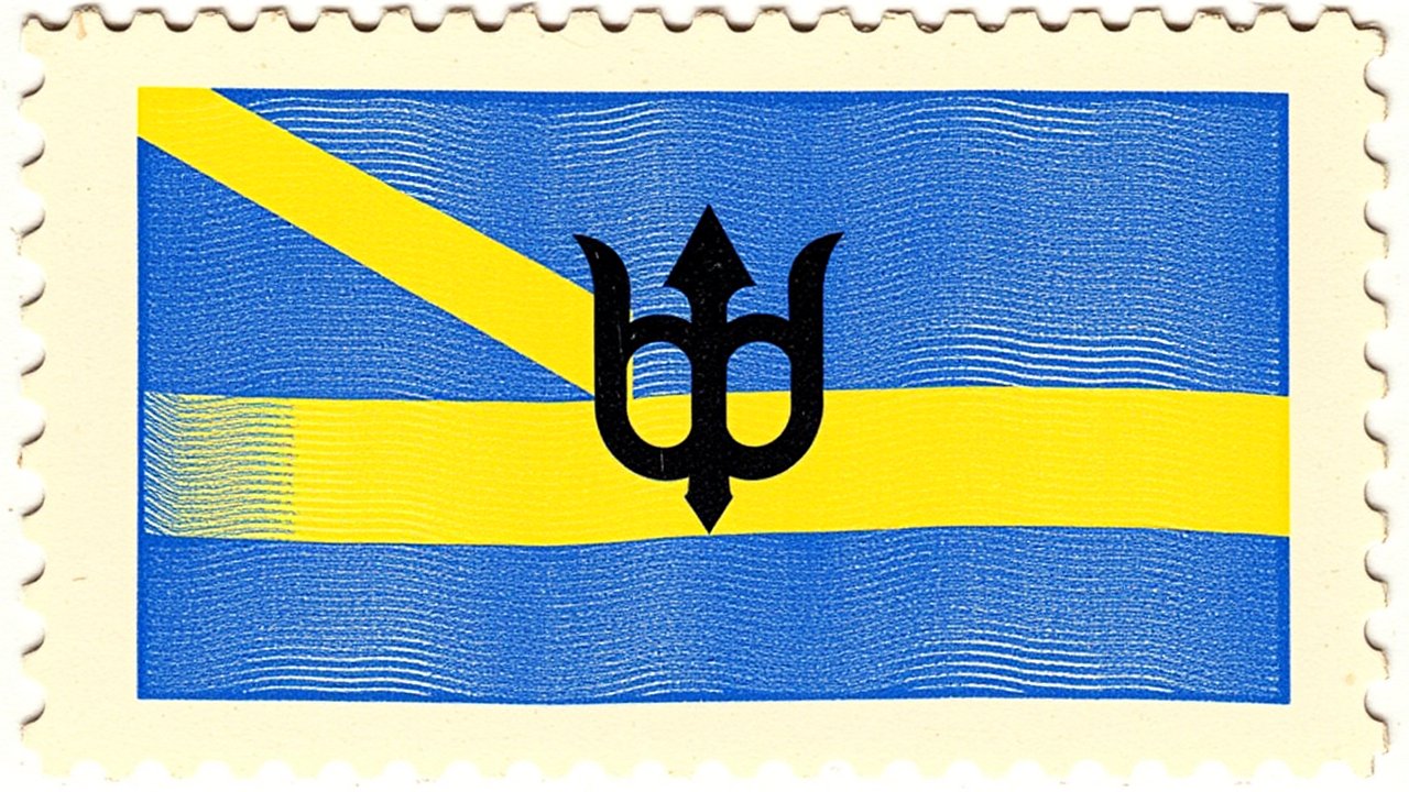 Flag of Barbados 🇧🇧 in vintage postage stamp style
