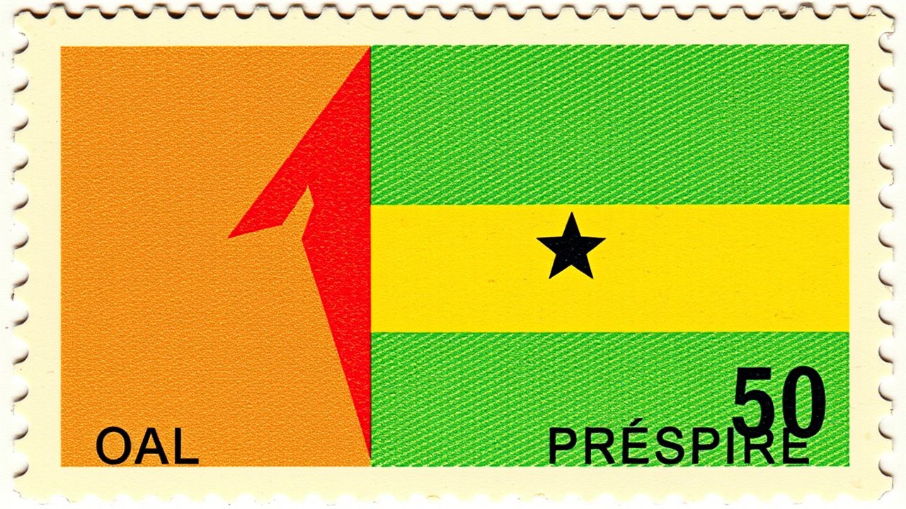 Flag of Sao Tome and Principe 🇸🇹 in vintage postage stamp style