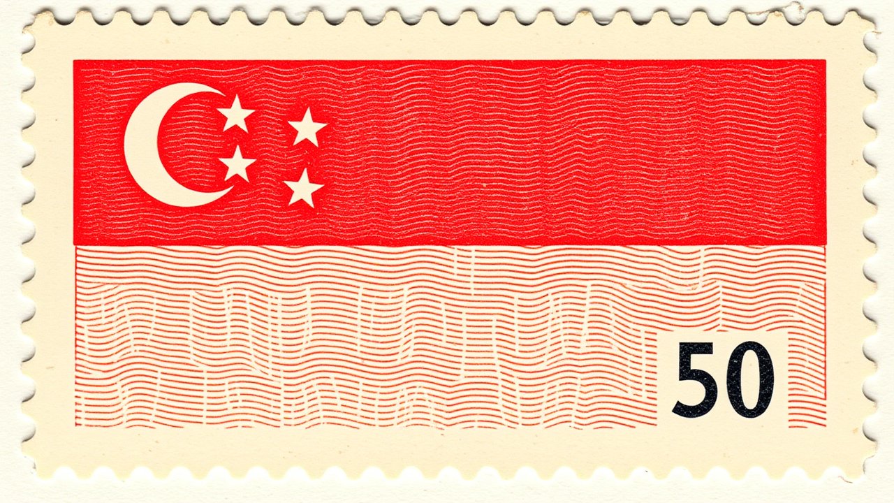 Flag of Singapore 🇸🇬 in vintage postage stamp style