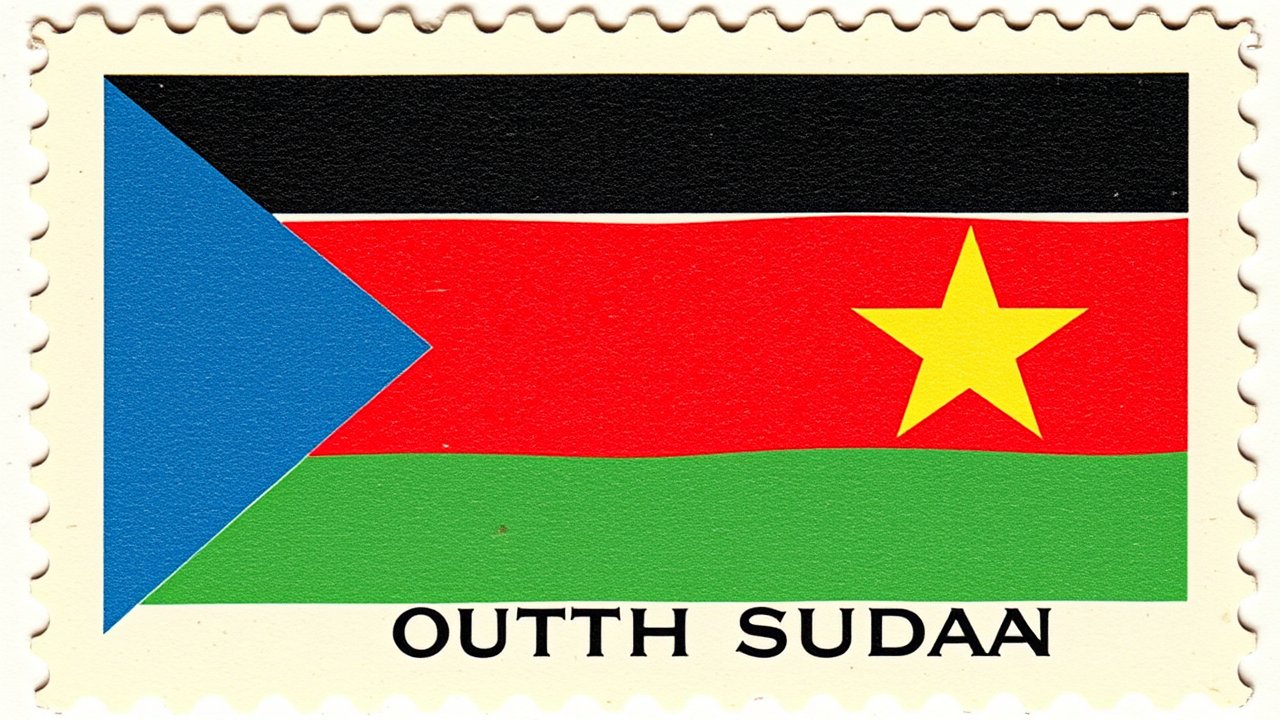 Flag of South Sudan 🇸🇸 in vintage postage stamp style