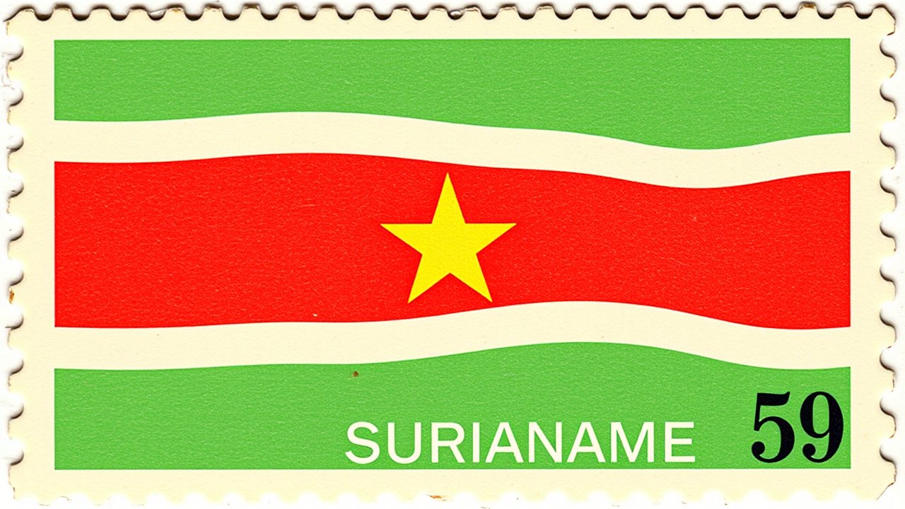 Flag of Suriname 🇸🇷 in vintage postage stamp style