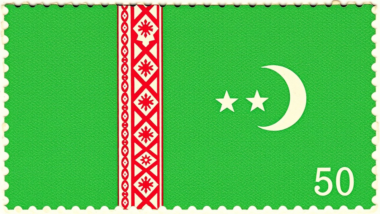 Flag of Turkmenistan 🇹🇲 in vintage postage stamp style