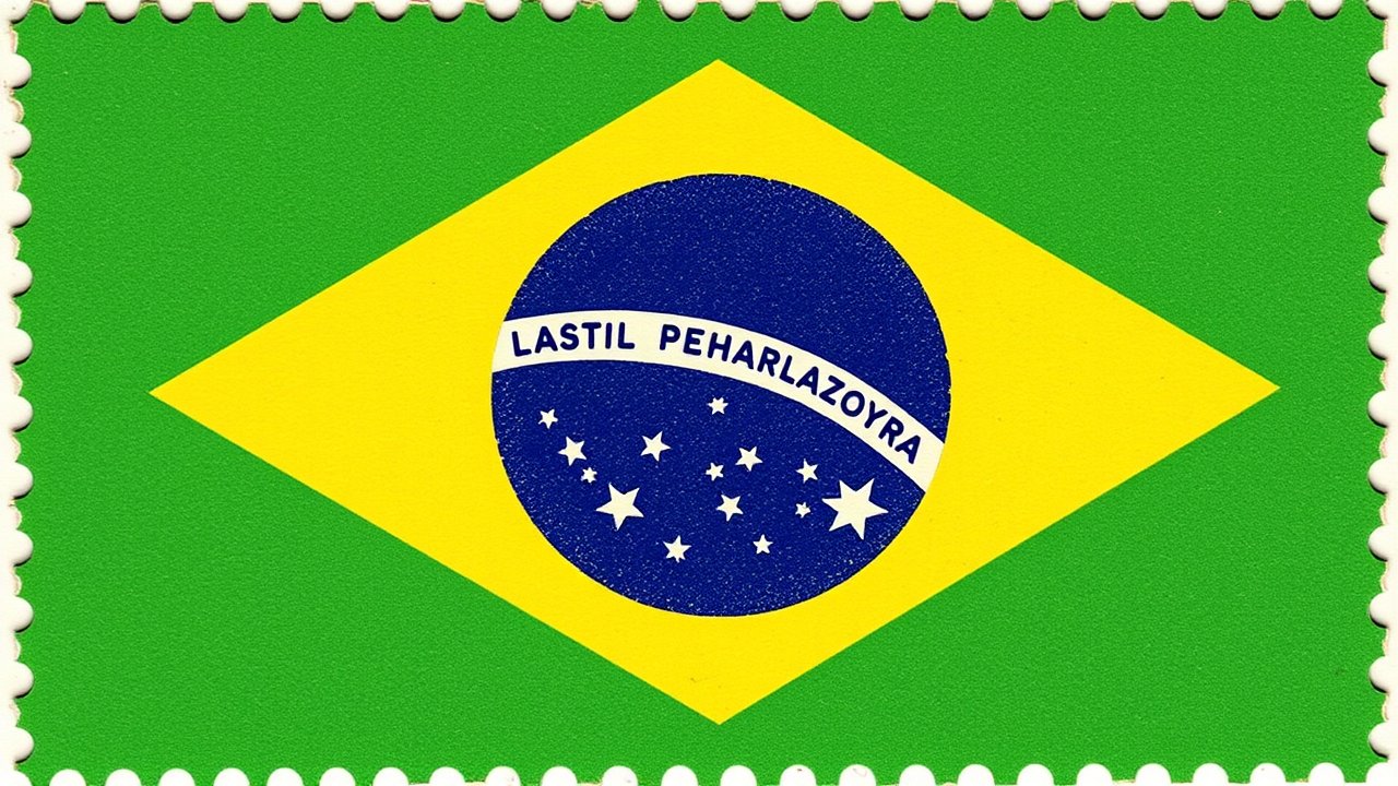 Flag of Brazil 🇧🇷 in vintage postage stamp style