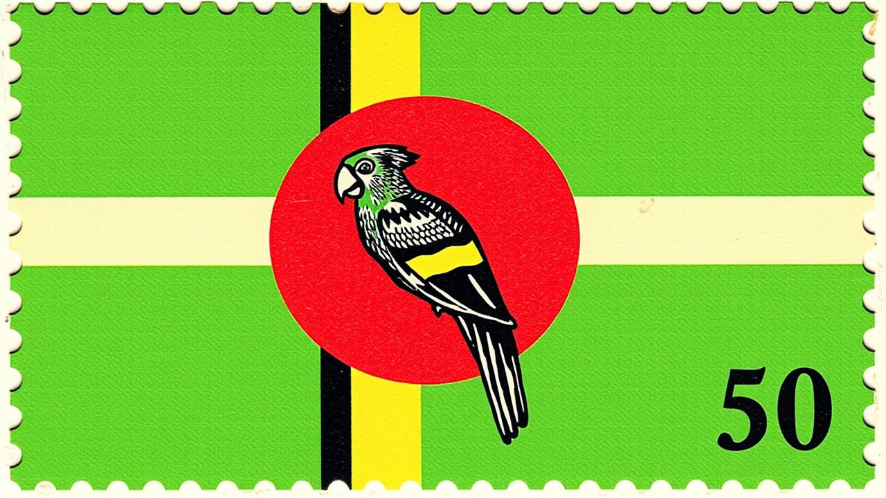 Flag of Dominica 🇩🇲 in vintage postage stamp style
